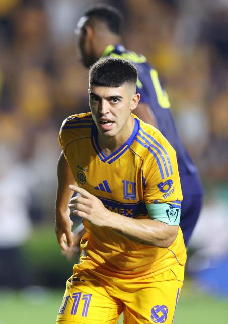 Tigres' Argentine midfielder #11 Juan Brunetta celebrates after scoring the opening goal during the CONCACAF Champions Cup semifinal second leg football match between Mexico's Tigres and US' Nashville SC at Universitario de la UANL stadium in San Nicolas de los Garza, Nuevo Leon state, Mexico, on May 5, 2026. (Photo by Julio Cesar AGUILAR / AFP)
