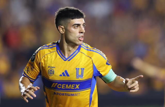 Tigres' Argentine midfielder #11 Juan Brunetta celebrates after scoring the opening goal during the CONCACAF Champions Cup semifinal second leg football match between Mexico's Tigres and US' Nashville SC at Universitario de la UANL stadium in San Nicolas de los Garza, Nuevo Leon state, Mexico, on May 5, 2026. (Photo by Julio Cesar AGUILAR / AFP)