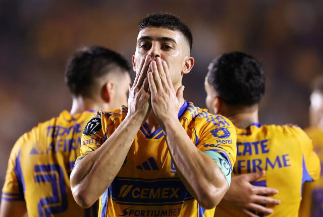 Tigres' Argentine midfielder #11 Juan Brunetta celebrates after scoring the opening goal during the CONCACAF Champions Cup semifinal second leg football match between Mexico's Tigres and US' Nashville SC at Universitario de la UANL stadium in San Nicolas de los Garza, Nuevo Leon state, Mexico, on May 5, 2026. (Photo by Julio Cesar AGUILAR / AFP)