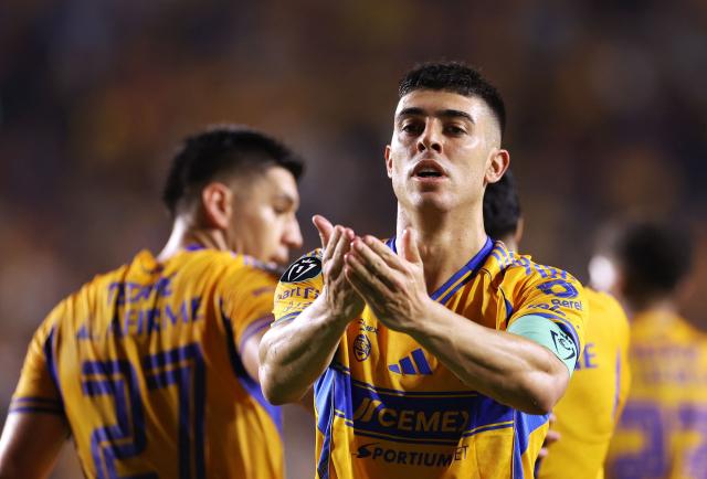 Tigres' Argentine midfielder #11 Juan Brunetta celebrates after scoring the opening goal during the CONCACAF Champions Cup semifinal second leg football match between Mexico's Tigres and US' Nashville SC at Universitario de la UANL stadium in San Nicolas de los Garza, Nuevo Leon state, Mexico, on May 5, 2026. (Photo by Julio Cesar AGUILAR / AFP)