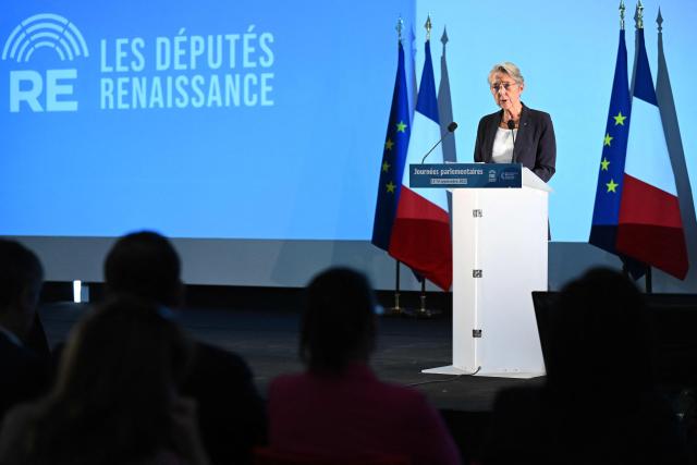 (FILES) French Prime Minister Elisabeth Borne delivers a speech during the French ruling liberal Renaissance party's parliamentary days event in Louan-Villegruis-Fontaine, north-central France on September 14, 2023. French former Prime Minister Elisabeth Borne announced on May 6, 2026 that she was stepping down from the leadership of the Renaissance party, although she will remain a member, stating that she does not “fully identify” with the approach taken by Gabriel Attal. (Photo by Bertrand GUAY / AFP)