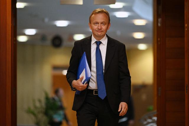 EU Commissioner for Budget, Anti-Fraud and Public Administration Piotr Serafin arrives for a College meeting of commissioners in Brussels on May 6, 2026. (Photo by Nicolas TUCAT / AFP)