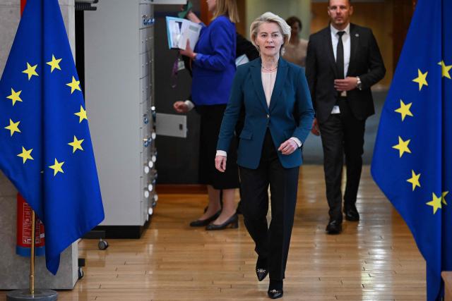 European Commission President Ursula von der Leyen arrives for a College meeting of commissioners in Brussels on May 6, 2026. (Photo by Nicolas TUCAT / AFP)
