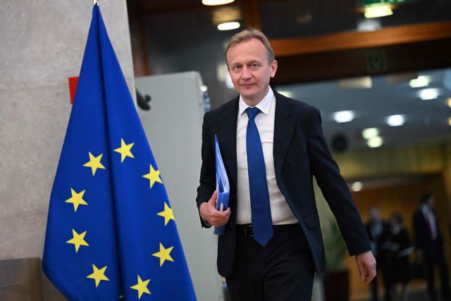 EU Commissioner for Budget, Anti-Fraud and Public Administration Piotr Serafin arrives for a College meeting of commissioners in Brussels on May 6, 2026. (Photo by Nicolas TUCAT / AFP)