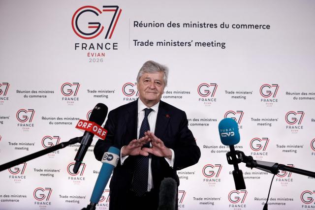 France’s Trade Minister Nicolas Forissier speaks to the press as he arrives to attend a meeting of the G7 countries in preparation for the summit of heads of State and government to be held in June in Evian, in Paris on May 6, 2026. (Photo by Benoit Tessier / POOL / AFP)
