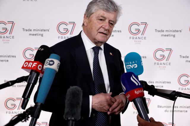 France’s Trade Minister Nicolas Forissier speaks to the press as he arrives to attend a meeting of the G7 countries in preparation for the summit of heads of State and government to be held in June in Evian, in Paris on May 6, 2026. (Photo by Benoit Tessier / POOL / AFP)