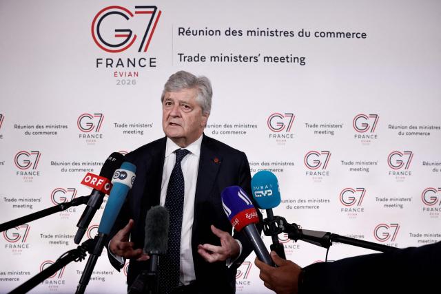 France’s Trade Minister Nicolas Forissier speaks to the press as he arrives to attend a meeting of the G7 countries in preparation for the summit of heads of State and government to be held in June in Evian, in Paris on May 6, 2026. (Photo by Benoit Tessier / POOL / AFP)