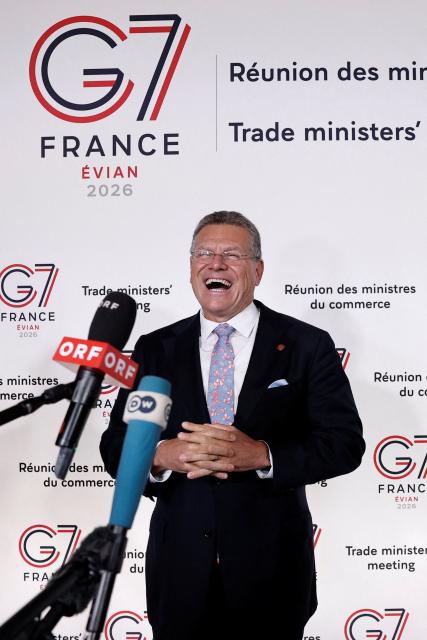 European Commissioner for Trade and Economic Security Maros Sefcovic reacts as he speaks to the press before a meeting of the G7 countries in preparation for the summit of heads of State and government to be held in June in Evian, in Paris on May 6, 2026. (Photo by Benoit Tessier / POOL / AFP)