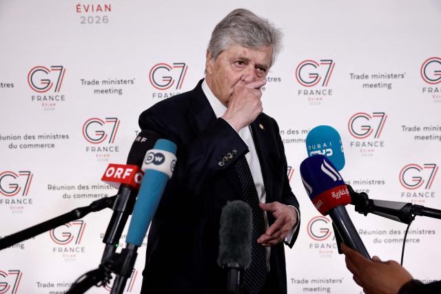 France’s Trade Minister Nicolas Forissier gestures as he speaks to the press ahead of a meeting of the G7 countries in preparation for the summit of heads of State and government to be held in June in Evian, in Paris on May 6, 2026. (Photo by Benoit Tessier / POOL / AFP)