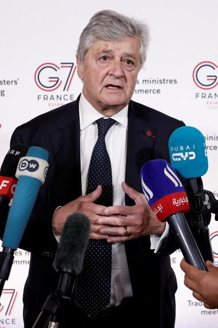 France’s Trade Minister Nicolas Forissier speaks to the press as he arrives to attend a meeting of the G7 countries in preparation for the summit of heads of State and government to be held in June in Evian, in Paris on May 6, 2026. (Photo by Benoit Tessier / POOL / AFP)