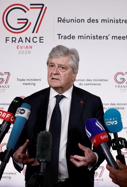 France’s Trade Minister Nicolas Forissier speaks to the press as he arrives to attend a meeting of the G7 countries in preparation for the summit of heads of State and government to be held in June in Evian, in Paris on May 6, 2026. (Photo by Benoit Tessier / POOL / AFP)
