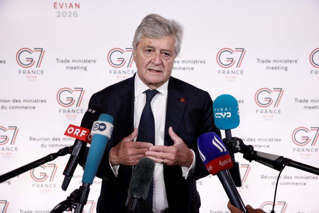 France’s Trade Minister Nicolas Forissier speaks to the press as he arrives to attend a meeting of the G7 countries in preparation for the summit of heads of State and government to be held in June in Evian, in Paris on May 6, 2026. (Photo by Benoit Tessier / POOL / AFP)