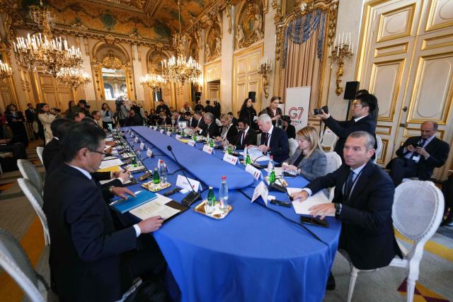 Trade Ministers of the G7 countries meet in preparation for the summit of heads of State and government to be held in June in Evian, in Paris on May 6, 2026. (Photo by Aurelien Morissard / POOL / AFP)