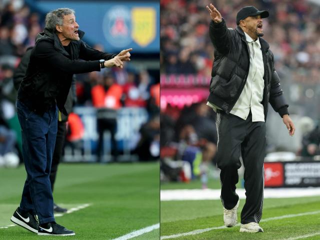 (COMBO) This combination of pictures created on May 06, 2026 shows Paris Saint-Germain's Spanish headcoach Luis Enrique giving instructions to his players during the French L1 football match between Paris Saint-Germain (PSG) and FC Nantes at the Parc des Princes stadium in Paris on April 22, 2026 and Bayern Munich's Belgian head coach Vincent Kompany reacting from the sidelines during the German first division Bundesliga football match between FC Bayern Munich and Eintracht Frankfurt in Munich, southern Germany, on February 21, 2026. Bayern Munich will receive Paris Saint-Germain (PSG) for their Champions League semi-final second leg football match on May 6, 2026 at the Allianz-Arena in Munich. Bayern lost 5-4 in last week's wild first leg in Paris. (Photo by FRANCK FIFE and Alexandra BEIER / AFP)