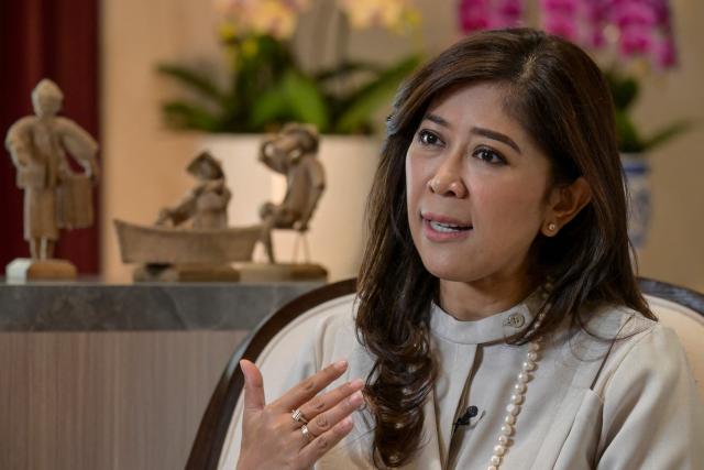 Indonesia's Communication and Digital Affairs Minister Meutya Hafid answers questions during an interview with AFP at her official residence in Jakarta on May 6, 2026. Indonesia's government is mulling an e-commerce ban for under-16s, the communications minister told AFP on May 6, hot on the heels of Jakarta imposing a sweeping social media prohibition for teens. (Photo by BAY ISMOYO / AFP) / To go with AFP story Indonesia-internet-children,INTERVIEW by Marchio Gorbiano