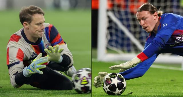 (COMBO) This combination of pictures created on May 06, 2026 shows (L) Bayern Munich's German goalkeeper #01 Manuel Neuer getting down to makes a save during the warm up prior to the UEFA Champions League quarter-final second leg football match between FC Bayern Munich and Real Madrid in Munich, southern Germany, on April 15, 2026 and Paris Saint-Germain's Russian goalkeeper #39 Matvey Safonov warms up ahead of the UEFA Champions League round of 16 second leg football match between Chelsea FC and Paris Saint-Germain (PSG) at Stamford Bridge, west London on March 17, 2026. Bayern Munich will receive Paris Saint-Germain (PSG) for their Champions League semi-final second leg football match on May 6, 2026 at the Allianz-Arena in Munich. Bayern lost 5-4 in last week's wild first leg in Paris. (Photo by Alexandra BEIER and FRANCK FIFE / AFP)