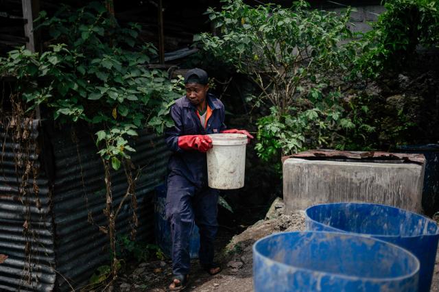 A worker carries a bucket with waste from a duck enclosure to put in the digester in order to produce clean energy in Goma on April 20, 2026. Most of the city's nearly one million people cannot afford to use electricity and mostly depend on charcoal, called makala, for cooking and heating.
Some people are switching to biogas, a renewable energy source that is cheaper and locally produced.
Biogas is produced by the decomposition of organic matter.
It has been made in Goma since 2016 by Umoja, a local company whose stated aim is to offer an alternative to firewood, which destroys forests. (Photo by Jospin Mwisha / AFP)