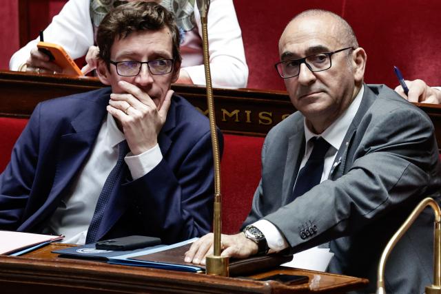 France's Education Minister Edouard Geffray (L) and France's Interior Minister Laurent Nunez look on during a session of questions to the government at The National Assembly, France's lower house of parliament in Paris on May 6, 2026. (Photo by STEPHANE DE SAKUTIN / AFP)