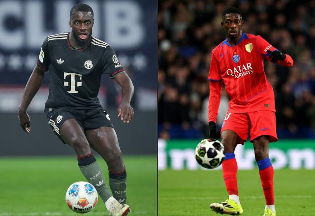 (COMBO) This combination of pictures created on May 06, 2026 shows (L) Bayern Munich's French defender #02 Dayot Upamecano during the German first division Bundesliga football match between RB Leipzig and FC Bayern Munich in Leipzig, eastern Germany, on January 17, 2026 and Paris Saint-Germain's French forward #10 Ousmane Dembele during the UEFA Champions League round of 16 second leg football match between Chelsea FC and Paris Saint Germain (PSG) at Stamford Bridge, west London on March 17, 2026. Bayern Munich will receive Paris Saint-Germain (PSG) for their Champions League semi-final second leg football match on May 6, 2026 at the Allianz-Arena in Munich. Bayern lost 5-4 in last week's wild first leg in Paris. (Photo by Ronny HARTMANN and FRANCK FIFE / AFP) / DFL REGULATIONS PROHIBIT ANY USE OF PHOTOGRAPHS AS IMAGE SEQUENCES AND/OR QUASI-VIDEO
