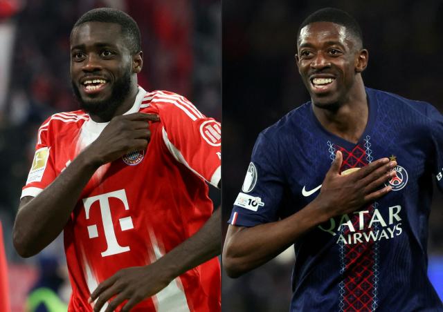 (COMBO) This combination of pictures created on May 06, 2026 shows (L) Bayern Munich's French defender #02 Dayot Upamecano celebrating scoring his team's third goal during the German first division Bundesliga football match between FC Bayern Munich and SC Freiburg in Munich, southern Germany on November 22, 2025 and Paris Saint-Germain's French forward #10 Ousmane Dembele celebrating after scoring his team fifth goal during the UEFA Champions League semi-final first leg football match between Paris Saint-Germain (PSG) and Bayern Munich at the Parc des Princes in Paris on April 28, 2026. Bayern Munich will receive Paris Saint-Germain (PSG) for their Champions League semi-final second leg football match on May 6, 2026 at the Allianz-Arena in Munich. Bayern lost 5-4 in last week's wild first leg in Paris. (Photo by Karl-Josef HILDENBRAND and ALAIN JOCARD / AFP) / DFL REGULATIONS PROHIBIT ANY USE OF PHOTOGRAPHS AS IMAGE SEQUENCES AND/OR QUASI-VIDEO