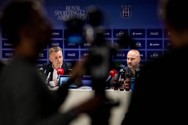 Anderlecht's CEO Kenneth Bornauw (L) and newly appointed sports director Frenchman Antoine Sibierski (R) hold a press conference of the Belgian football team RSC Anderlecht in Brussels on May 6, 2026. (Photo by JASPER JACOBS / Belga / AFP) / Belgium OUT