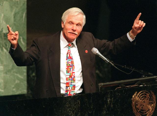 (FILES) Ted Turner addresses the Millennium World Peace Summit of Religious and Spiritual Leaders in the General Assembly Hall of the United Nations in New York on August 29, 2000. Ted Turner, who transformed television news with the creation of CNN in 1980, has died at the age of 87, the network said on May 6, 2026. Cable News Network upended established broadcasting with its dedication to around-the-clock breaking news and shot to global recognition with its coverage of the Gulf War in 1990-91. (Photo by DOUG KANTER / AFP)