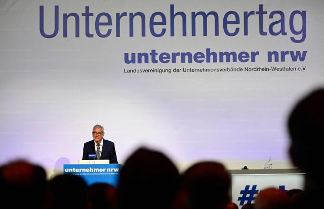 President of the Entrepreneurs’association in North Rhine-Westphalia Arndt Gunter Kirchhoff speaks during the Entrepreneurs’ Day North Rhine-Westphalia on May 6, 2026. Once a year, around 500 guests from companies, associations and chambers, as well as from politics, trade unions, public administration, the judiciary, churches, academia and the media come to the North Rhine-Westphalia Entrepreneurs’ Day to exchange views on the socio-political issues. (Photo by INA FASSBENDER / AFP)