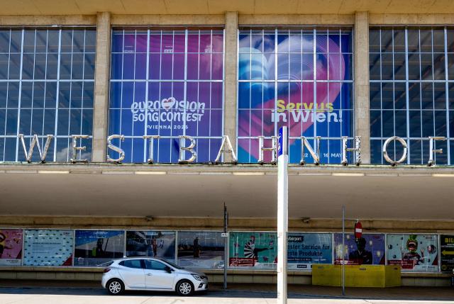 Eurovision Song Contest 2026 posters welcome travelers at the Westbahnhof (West train station) in Vienna, Austria on May 06, 2026. (Photo by Joe Klamar / AFP)