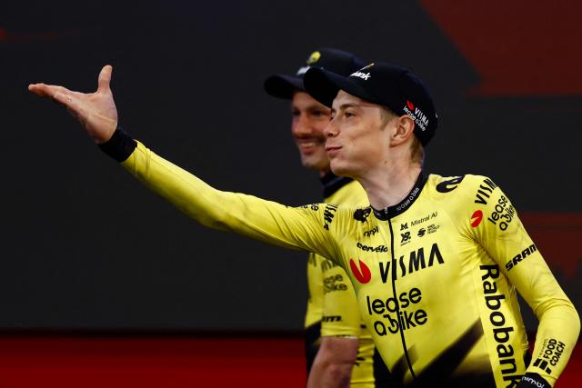 Team Visma Lease a Bike Danish rider Jonas Vingegaard attends the team presentation in Burgas, on May 6, 2026, two days before the departure of the Giro d'Italia 2026 - Tour of Italy cycling race. The Giro d'Italia 2026 will depart from Burgas in Bulgaria on May 8, 2026 and finish in Rome on May 31, 2026. (Photo by Luca Bettini / AFP)