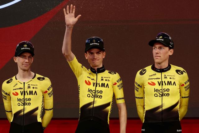Team Visma Lease a Bike US rider Sepp Kuss waves during the team presentation in Burgas, on May 6, 2026, two days before the departure of the Giro d'Italia 2026 - Tour of Italy cycling race. The Giro d'Italia 2026 will depart from Burgas in Bulgaria on May 8, 2026 and finish in Rome on May 31, 2026. (Photo by Luca BETTINI / AFP)