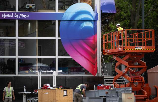 Workers are seen in the fan zone, during preparations of the 2026 Eurovision Song Contest, outside the Wiener Stadthalle, in Vienna, Austria on May 6, 2026. (Photo by Joe Klamar / AFP)