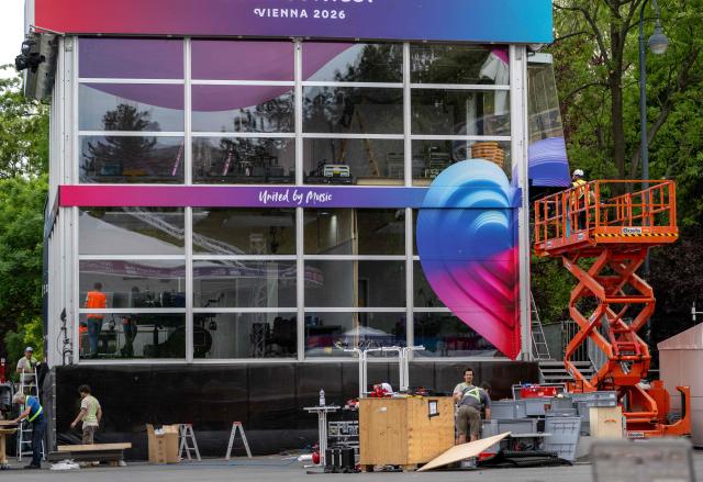 Workers are seen in the fan zone, during preparations of the 2026 Eurovision Song Contest, outside the Wiener Stadthalle, in Vienna, Austria on May 6, 2026. (Photo by Joe Klamar / AFP)