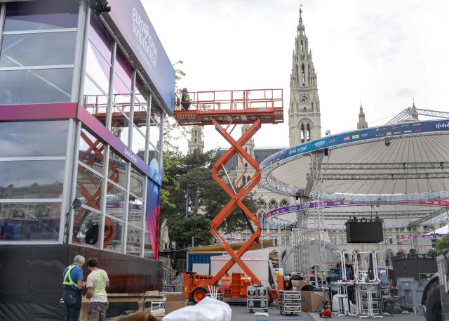 Workers are seen in the fan zone, during preparations of the 2026 Eurovision Song Contest, outside the Wiener Stadthalle, in Vienna, Austria on May 6, 2026. (Photo by Joe Klamar / AFP)