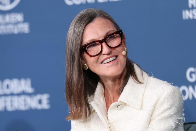 ARK Invest CEO and Chief Investment Officer Catherine Wood speaks during the 29th annual Milken Institute Global Conference at the Beverly Hilton in Beverly Hills, California, on May 6, 2026. (Photo by Patrick T. Fallon / AFP)