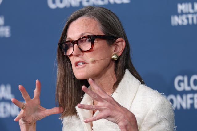 ARK Invest CEO and Chief Investment Officer Catherine Wood speaks during the 29th annual Milken Institute Global Conference at the Beverly Hilton in Beverly Hills, California, on May 6, 2026. (Photo by Patrick T. Fallon / AFP)