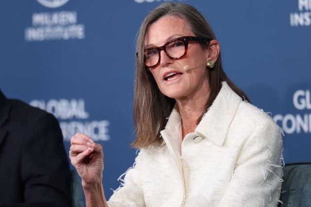 ARK Invest CEO and Chief Investment Officer Catherine Wood speaks during the 29th annual Milken Institute Global Conference at the Beverly Hilton in Beverly Hills, California, on May 6, 2026. (Photo by Patrick T. Fallon / AFP)