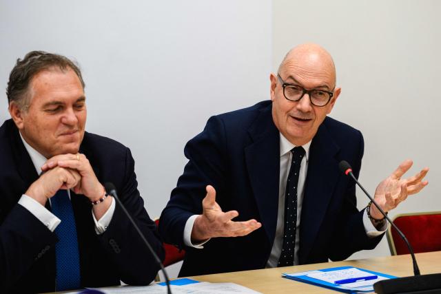 France's Transports Minister Philippe Tabarot (L) and France's Economy, Finances and Industry Minister Roland Lescure (R) hold a press conference after their meeting with representatives from the aviation industry to prepare for the summer season at the Transport Ministry in Paris on May 6, 2026. The meeting was called amid concerns over jet fuel supplies and costs following the closure of the Strait of Hormuz. (Photo by Dimitar DILKOFF / AFP)