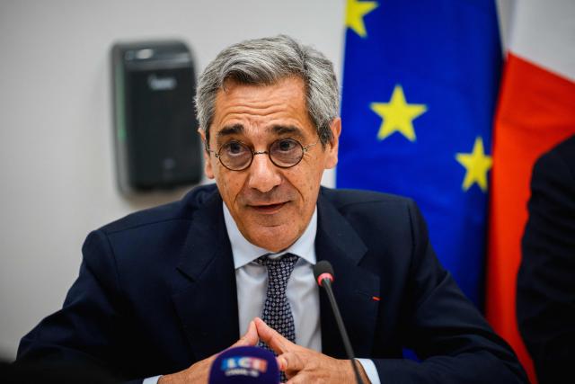 France's Trade Minister Serge Papin holds a press conference after their meeting with representatives from the aviation industry to prepare for the summer season at the Transport Ministry in Paris on May 6, 2026. The meeting was called amid concerns over jet fuel supplies and costs following the closure of the Strait of Hormuz. (Photo by Dimitar DILKOFF / AFP)