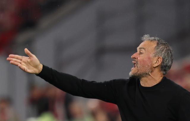 Paris Saint-Germain's Spanish head coach Luis Enrique reacts during the UEFA Champions League second-leg, semi-final football match between FC Bayern Munich and Paris Saint-Germain (PSG) in Munich, southern Germany on May 6, 2026. (Photo by FRANCK FIFE / AFP)