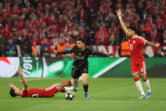 Bayern Munich's Colombian forward Luis Diaz (R) reacts after Paris Saint-Germain's French midfielder #33 Warren Zaire-Emery fouled Bayern Munich's German midfielder #45 Aleksandar Pavlovic (L) during the UEFA Champions League second-leg, semi-final football match between FC Bayern Munich and Paris Saint-Germain (PSG) in Munich, southern Germany on May 6, 2026. (Photo by Odd ANDERSEN / AFP)