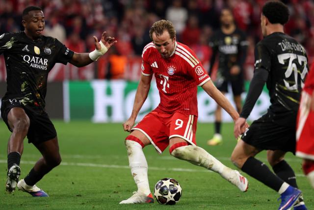 Bayern Munich's English forward #09 Harry Kane shoots and scores the 1-1 goal during the UEFA Champions League second-leg, semi-final football match between FC Bayern Munich and Paris Saint-Germain (PSG) in Munich, southern Germany on May 6, 2026. (Photo by FRANCK FIFE / AFP)