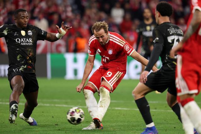 Bayern Munich's English forward #09 Harry Kane shoots and scores the 1-1 goal during the UEFA Champions League second-leg, semi-final football match between FC Bayern Munich and Paris Saint-Germain (PSG) in Munich, southern Germany on May 6, 2026. (Photo by FRANCK FIFE / AFP)