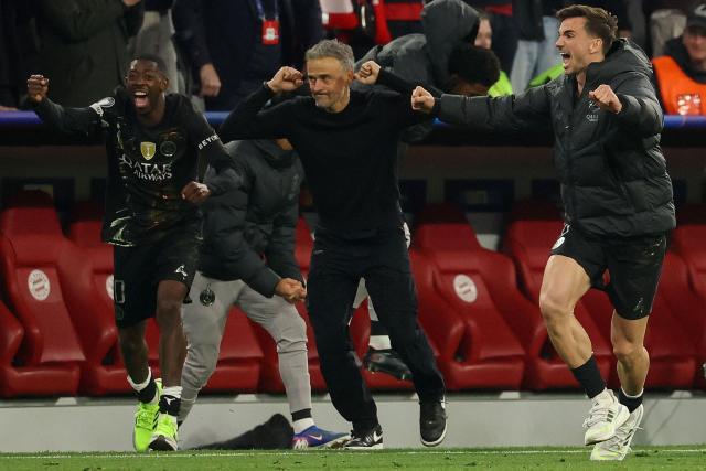 Paris Saint-Germain's Spanish head coach Luis Enrique and his players including Paris Saint-Germain's French forward #10 Ousmane Dembele (L) and Paris Saint-Germain's Spanish midfielder #08 Fabian Ruiz celebtrate after the UEFA Champions League second-leg, semi-final football match between FC Bayern Munich and Paris Saint-Germain (PSG) in Munich, southern Germany on May 6, 2026. the UEFA Champions League second-leg, semi-final football match between FC Bayern Munich and Paris Saint-Germain (PSG) in Munich, southern Germany on May 6, 2026. (Photo by Odd ANDERSEN / AFP)