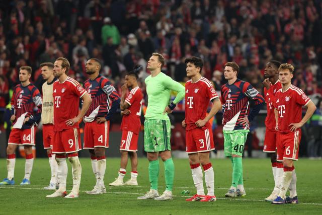 Bayers players react after the UEFA Champions League second-leg, semi-final football match between FC Bayern Munich and Paris Saint-Germain (PSG) in Munich, southern Germany on May 6, 2026. (Photo by Odd ANDERSEN / AFP)