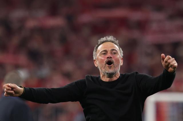 Paris Saint-Germain's Spanish head coach Luis Enrique celebrates after the UEFA Champions League second-leg, semi-final football match between FC Bayern Munich and Paris Saint-Germain (PSG) in Munich, southern Germany on May 6, 2026. (Photo by FRANCK FIFE / AFP)