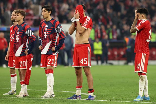 Bayers players react after the UEFA Champions League second-leg, semi-final football match between FC Bayern Munich and Paris Saint-Germain (PSG) in Munich, southern Germany on May 6, 2026. (Photo by Odd ANDERSEN / AFP)