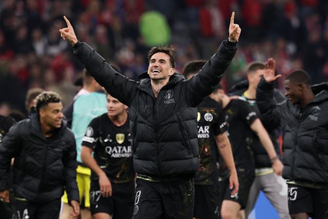 Paris Saint-Germain's Spanish midfielder #08 Fabian Ruiz and team mates celebrate at the end of the UEFA Champions League second-leg, semi-final football match between FC Bayern Munich and Paris Saint-Germain (PSG) in Munich, southern Germany on May 6, 2026. (Photo by FRANCK FIFE / AFP)