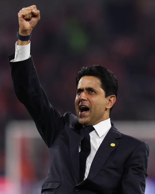 Paris Saint Germain's Qatari President Nasser al-Khelaifi celebrates the team's win after the UEFA Champions League second-leg, semi-final football match between FC Bayern Munich and Paris Saint-Germain (PSG) in Munich, southern Germany on May 6, 2026. (Photo by FRANCK FIFE / AFP)