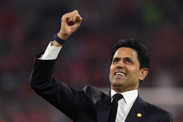 Paris Saint Germain's Qatari President Nasser al-Khelaifi celebrates the team's win after the UEFA Champions League second-leg, semi-final football match between FC Bayern Munich and Paris Saint-Germain (PSG) in Munich, southern Germany on May 6, 2026. (Photo by FRANCK FIFE / AFP)