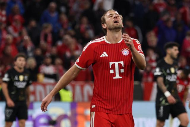 Bayern Munich's English forward #09 Harry Kane reacts during the UEFA Champions League second-leg, semi-final football match between FC Bayern Munich and Paris Saint-Germain (PSG) in Munich, southern Germany on May 6, 2026. Holders Paris Saint-Germain set up a Champions League final against Arsenal after a 1-1 second-leg draw at Bayern Munich secured a 6-5 aggregate victory on May 6. (Photo by FRANCK FIFE / AFP)